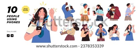 Young People use Smartphones, Chatting, making Selfie and listening Music. Happy Boys and Girls talking and typing on Phone. Female and Male Characters collection. Flat Cartoon Vector Illustration.