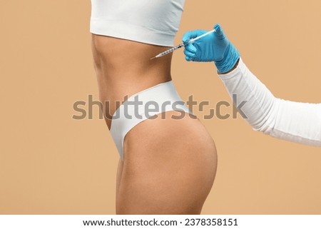 Fat Dissolving Injections. Unrecognizable Doctor Making Lipolysis Shot With Syringe To Female Waist Area, Young Female In Underwear Getting Slimming Treatment By Professional Beautician, Cropped