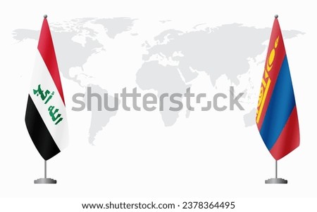 Iraq and Mongolia flags for official meeting against background of world map.
