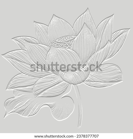 Lotus flowers textured emboss 3d seamless pattern. Floral embossed tropical background. Grunge light backdrop. 3d lotus flower, leaves, lines. Hand drawn surface plants ornament with embossing effect. Royalty-Free Stock Photo #2378377707