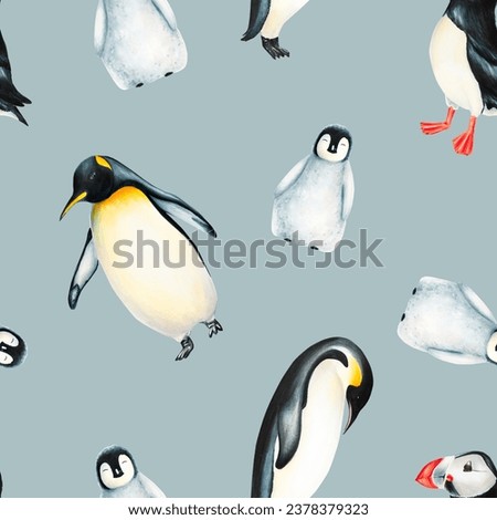 Watercolor seamless pattern with king penguins family and puffin bird isolated. Hand painting realistic Arctic and Antarctic ocean mammals. For designers, decoration, postcards, wrapping paper, scrapb