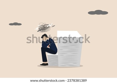 Work piling up, lots of work, depression or stress, business mistakes, running out of ideas at work, business people are overwhelmed because too much work has piled up. Royalty-Free Stock Photo #2378381389