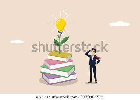 Knowledge, creating new ideas, innovation from reading books, education or learning new skills to success, smart businessman with stack of books with light bulb plants. Businessman illustration.