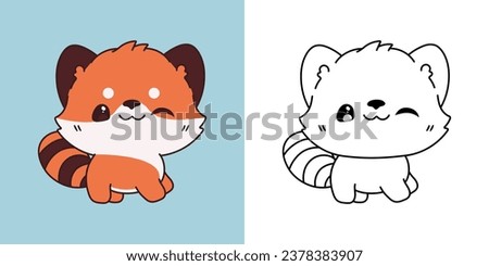 Cute Red Panda Clipart Illustration and Black and White. Kawaii Clip Art Baby Animal. Cute Vector Illustration of a Kawaii Animal for Stickers, Prints for Clothes, Baby Shower. 