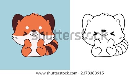 Set Vector Red Panda Multicolored and Black and White. Kawaii Clip Art Baby Animal. Cute Vector Illustration of a Kawaii Animal for Stickers, Baby Shower, Coloring Pages. 