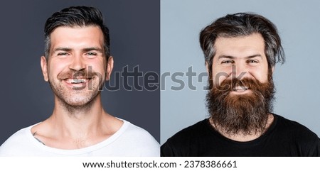 Serious vs happy bearded man. Beard and mustache. Barbershop concept. Portrait for barber. Shaving. Beard, shave after and before. Long beard. Male hair. Visiting barbershop different beard, mustache. Royalty-Free Stock Photo #2378386661