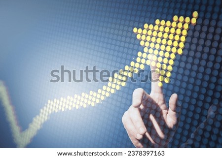 Close up of male hand pointing at creative yellow pixel upward arrow on blurry background. Growth, success business and up concept. Double exposure