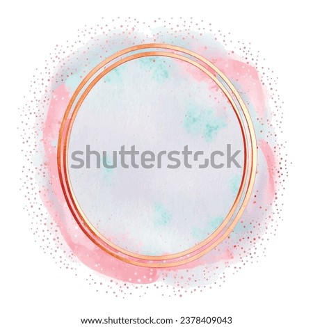 Oval pastel colors watercolor splash splatter stain with gold frames and spray. Pink blue watercolor background. Abstract vector illustration with place for text. Modern hand drawn design on white.