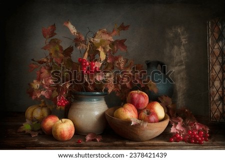 Still life with applles and scarlet viburnum autumn branches and berries in vintage style. Royalty-Free Stock Photo #2378421439