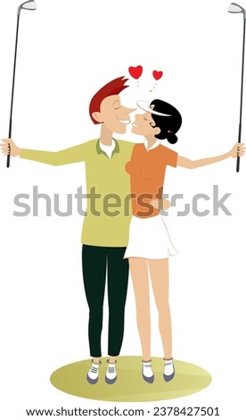 Golf course. Man and woman falling in love and kissing. Love couple kissing on the golf course. Isolated on white background