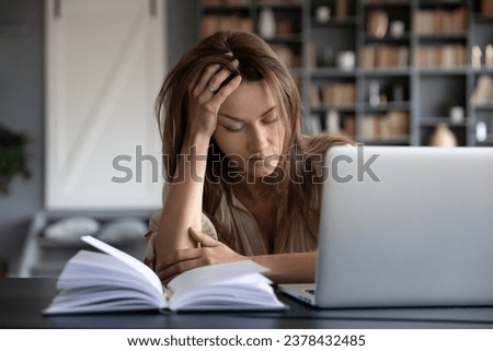 Housewife fall asleep seated at table at home rest from housework suffer from constant lack of energy and ongoing fatigue. Female extreme tiredness, vitamin deficiency, need food supplements concept Royalty-Free Stock Photo #2378432485