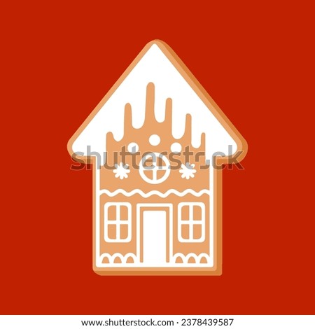 Clip art gingerbread house cookie on isolated red background. Hand drawn element for festive celebration of Winter holidays, Christmas, New Year, for paper crafts, scrapbooking or home decor.