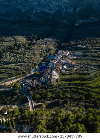 Aerial view of village of Famorca, comarca of Comtat, Alicante Province, Comunidad Valenciana, Spain - stock photo