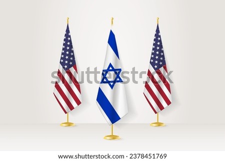 Meeting concept between Israel and United States. Flags on a flag stand.