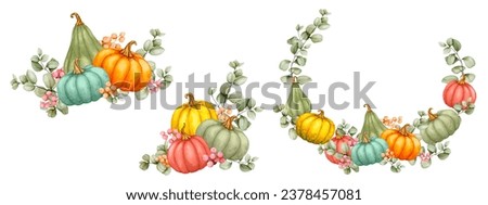Set of watercolor wreaths and compositions with pumpkins, eucalyptus and berries. Fall Decor, Thanksgiving, Cozy Home, Harvest Festival. Composition for cards, invitations, greetings, announcements.