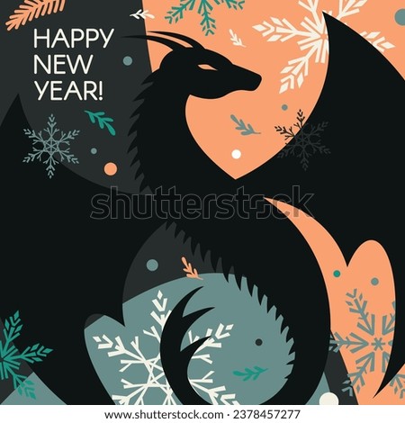 Happy New Year square poster with dragon, snowflakes, and text. Vector modern flat illustration.