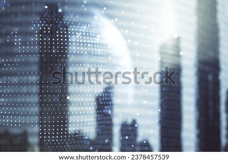 Abstract creative digital world map on modern architecture background, globalization concept. Multiexposure