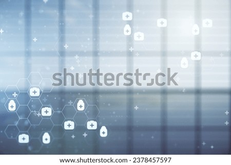 Abstract virtual medical hologram on modern interior background, online medical consulting concept. Multiexposure