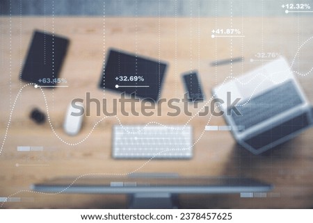 Multi exposure of stats data illustration on modern laptop background, computing and analytics concept