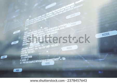 Multi exposure of abstract creative coding sketch on blurry modern office building background, artificial intelligence and neural networks concept