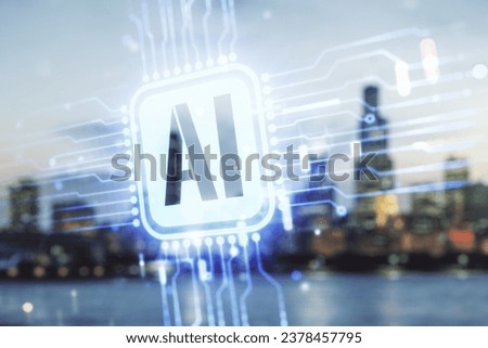 Double exposure of creative artificial Intelligence icon on blurry cityscape background. Neural networks and machine learning concept