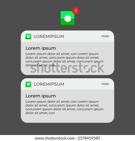 Popup notification for mobile app. Notification Boxes Template for Iphone. Smartphone Message Interface. Vector illustration. Android. Smartphone. IMessages. We Chat. Line. Whatsapp. Samsung Galaxy Royalty-Free Stock Photo #2378459585