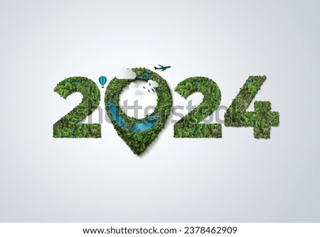 Green location 2024. New Year 2024 green tourism concept and save our planet and earth environment. World water day 2024. Earth day 2024 3d concept.