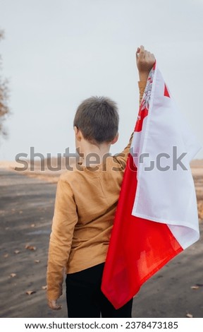 A little boy holds the flag of Poland in his hand. Portrait of a child with a national flag in nature. Rear view. Concept of national holidays and patriotic events. Patriotism. Independence Day.