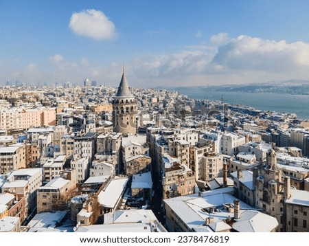 Galata Tower (Galata Kulesi) in the Winter Season Drone Photo, Galata Beyoglu, Istanbul Turkey (Turkiye) Royalty-Free Stock Photo #2378476819