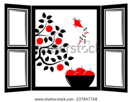 vector bowl of apples in the window and apple tree outside the window