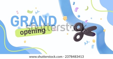 Grand opening celebration invitation. Scissors with a ribbon to celebrate the opening of the company. 3D vector creative template in cartoon style.  
