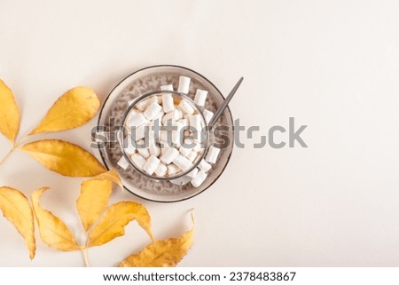 Warm autumn drink with marshmallows in a cup and yellow leaves top view