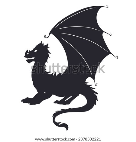 Winged magic dragon. Cartoon fantasy dragon silhouette, fairy tale fire breathing dragon flat vector illustration