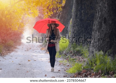 A young woman walks with a red umbrella on a sunny autumn day. Royalty-Free Stock Photo #2378504667