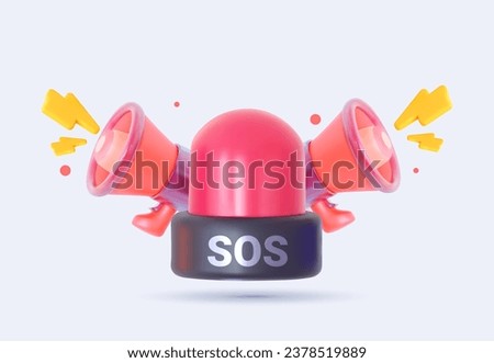 3D siren icon with loudspeaker. Red emergency light. Warning with flashing stop, danger sign in cartoon style. Vector illustration.   Royalty-Free Stock Photo #2378519889