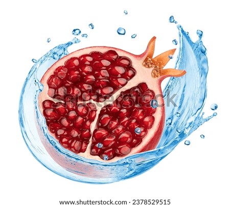 Pomegranate falling into water splash isolated on white background