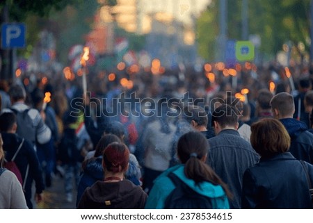 Budapest, Hungary - October 22, 2023: March from the Budapest University of Technology and Economics to the memorial park in honor of the Hungarian uprising against the USSR on October 23. Royalty-Free Stock Photo #2378534615