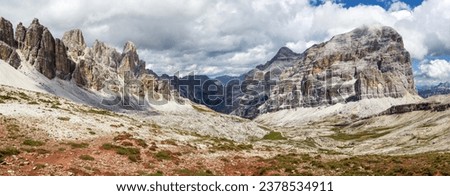 Valley Val Travenanzes and rock face in Tofane gruppe, Mount Tofana de Rozes, Alps Dolomites mountains, Fanes national park, Italy Royalty-Free Stock Photo #2378534911