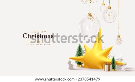 Christmas and New Year background. Xmas pine fir lush tree. Yellow star, white golden gifts box. Glass Balls hanging on ribbon. Bright Winter holiday composition. Vector illustration