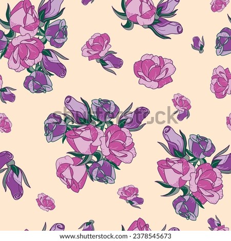 A buttery yellow background is covered with scattered bouquets and single roses of purple and pink creating a vector repeat seamless pattern design.