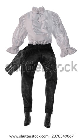 A pirate outfit with ruffled shirt, cummerbund, and boots