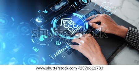 Top view woman hands typing in laptop, glowing central bank digital currency hud with graph chart and icons. Concept of CBDC, money investment and financial statistics