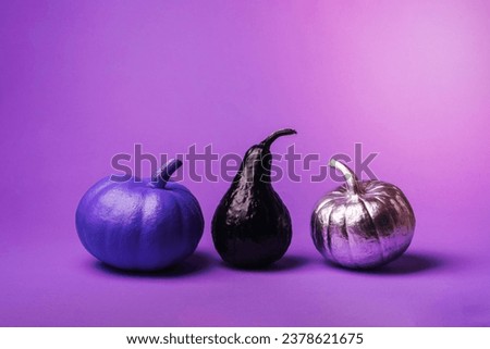 Multi-colored, different pumpkins, on a purple background. The concept of a festive background for Halloween, children's entertainment, crafts and preparation for the holiday