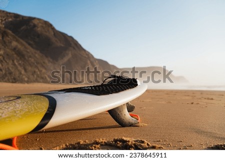 Shot of a surfboard on the sand at a portuguese beach. Cordoama beach.