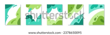 Set with abstract backgrounds for kids products. Templates for design. Bright abstract shapes, lines and spots, bushes, grass, greens. Shades of green. 