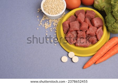 Raw meat in bowl, vitamins and products for pet on color background, flat lay. Space for text