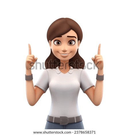 Cute cartoon woman portrait posing with up pointing fingers 3d realistic vector illustration