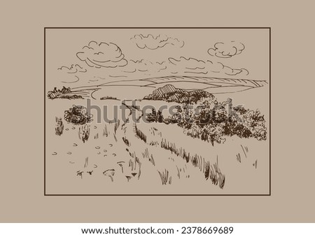 Green grass field on small hills. Meadow, alkali, lye, grassland, pommel, lea, pasturage, farm. Rural scenery landscape panorama of countryside pastures. Vector sketch illustration
 Royalty-Free Stock Photo #2378669689