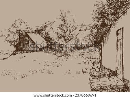 Green grass field on small hills. Meadow, alkali, lye, grassland, pommel, lea, pasturage, farm. Rural scenery landscape panorama of countryside pastures. Vector sketch illustration
 Royalty-Free Stock Photo #2378669691