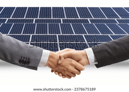Men shaking hands in front of photovoltaic panels isolated on white background Royalty-Free Stock Photo #2378675189